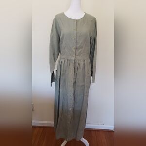 SOLD Vtg Eddie Bauer Prairie Large Dress Green Linen Button Maxi Cottagecore